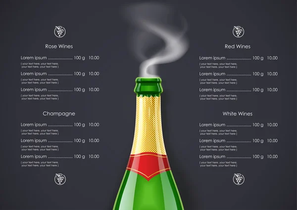 Champagne Wine bottle with smoke concept design for Wines list — Stock Vector