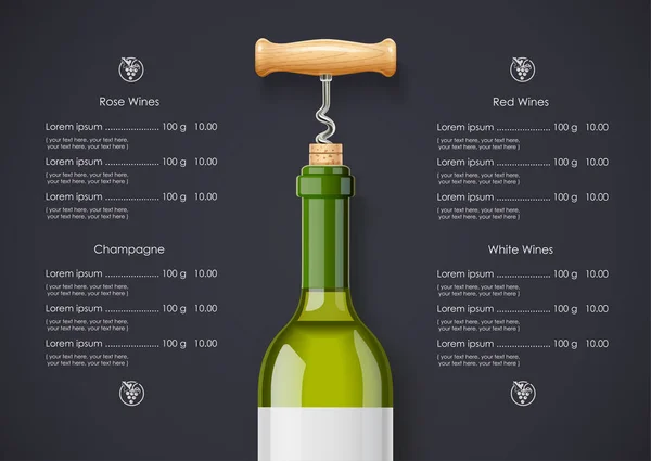 Botella Vino Blanco Corcho Sacacorchos Concepto Diseño Para Lista Vinos — Vector de stock