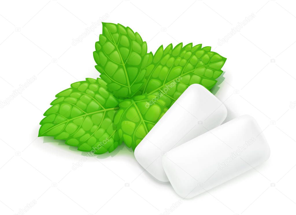 Two chewing gum and mint leaf.