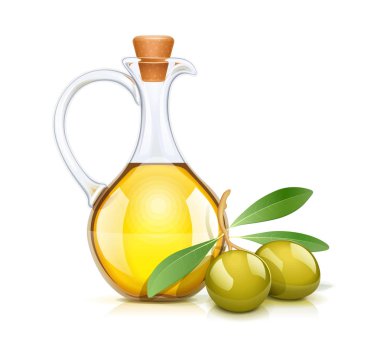 Green Olive Oils bottle with cork. Glass jug. clipart