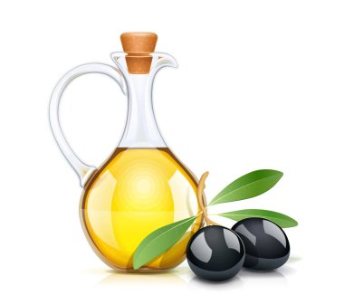 Siyah Zeytin Yağları şişe mantarı ile. Cam sürahi.
