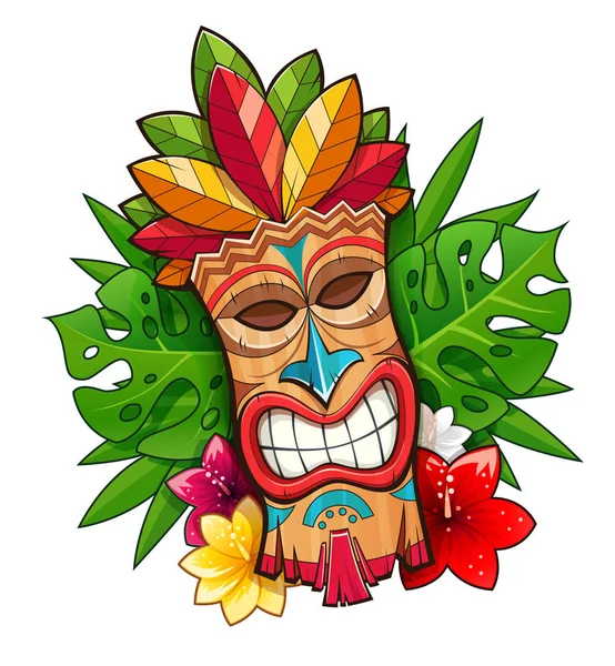 Máscara de madeira tribal Tiki. Personagem tradicional havaiano —  Vetores de Stock