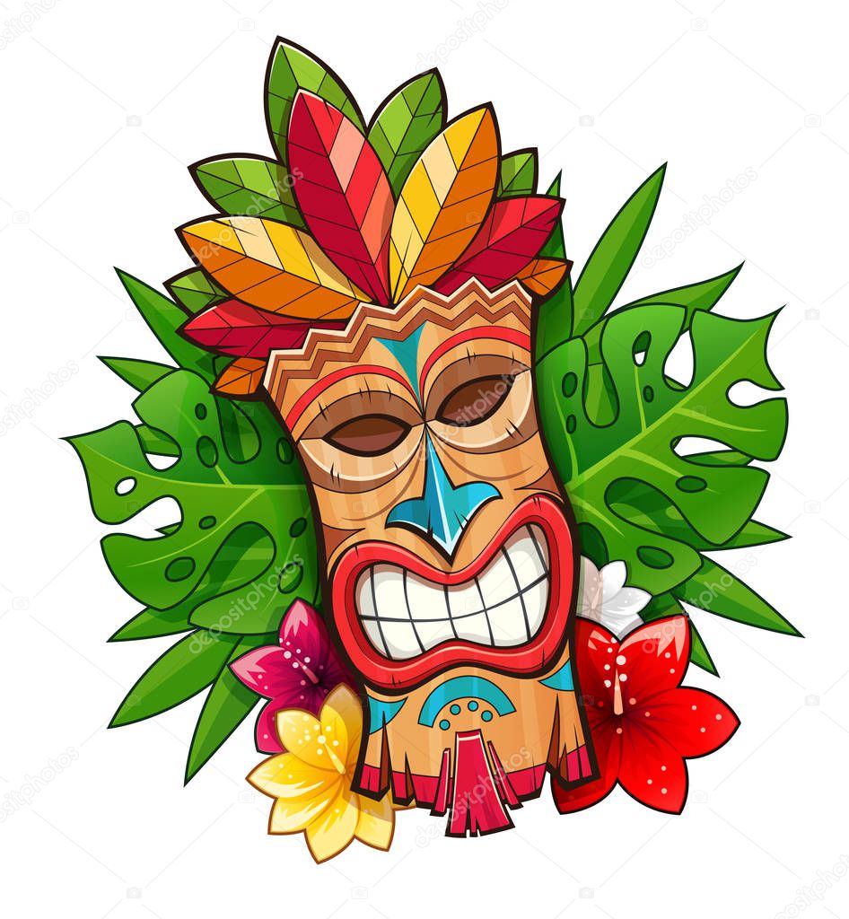 Tiki tribal wooden mask. Hawaiian traditional character