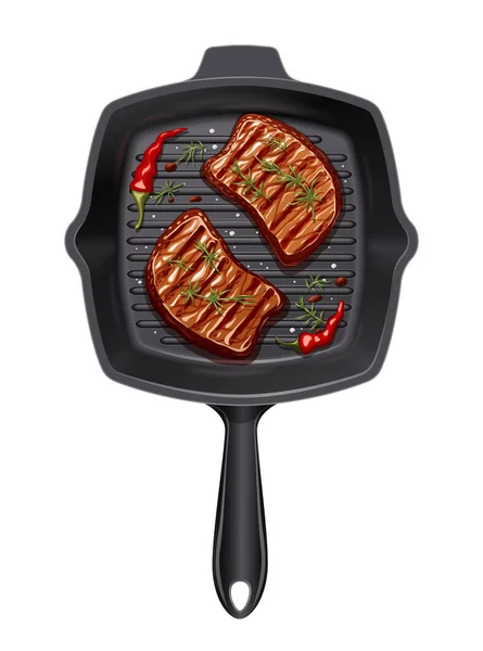 Dwuczęściowy mięso smażyć na patelni grill. — Wektor stockowy