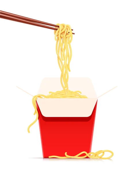 Chinese noodles at chopsticks. Fast-food meal box — Stock Vector