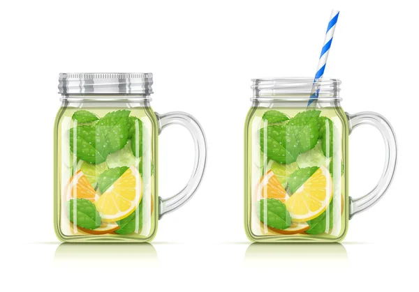 Erfrischendes Zitronen-, Orangen-, Pfefferminz- und Gurkenentgiftungswasser — Stockvektor