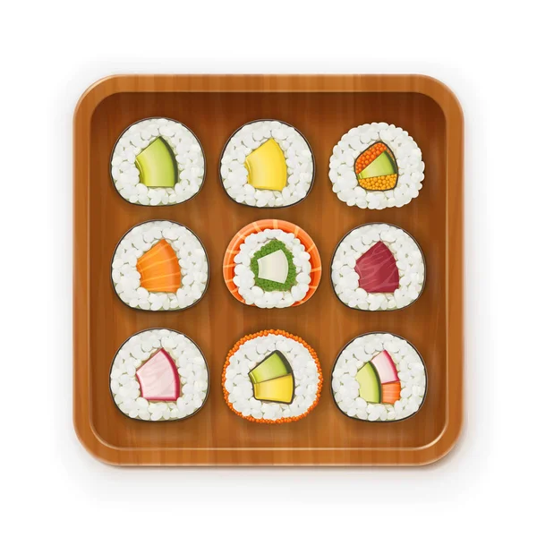 Ställ in sushi rullar med olika ingrediens på träbricka. — Stock vektor
