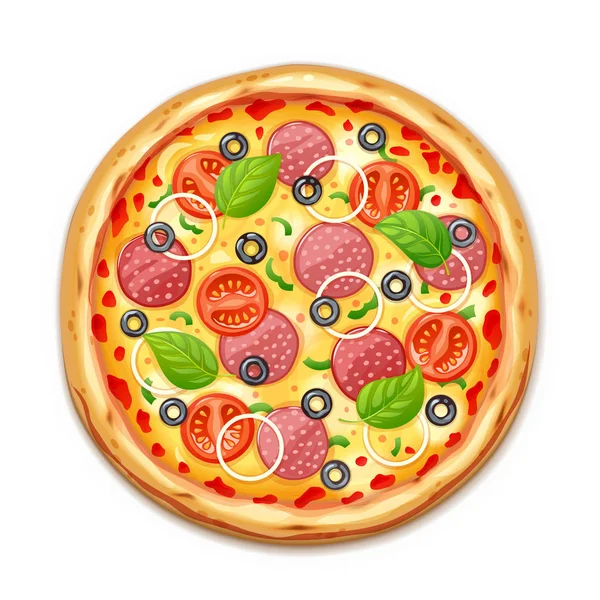 Friss pizza paradicsom, olíva, sajt, kolbász, hagyma — Stock Vector