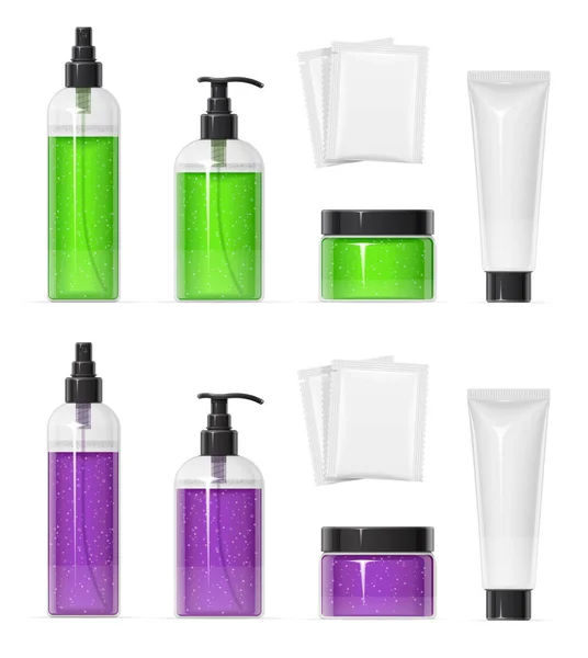 Conjunto de recipiente de plástico para spray de creme, gel e shampoo — Vetor de Stock