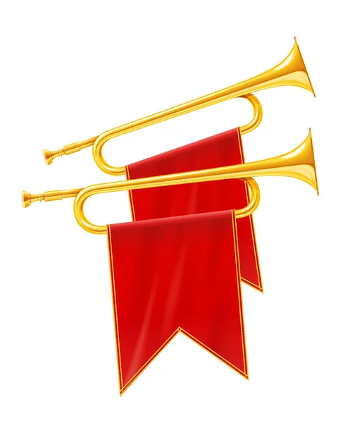 Trompeta de cuerno real dorado con bandera roja. Instrumento musical — Archivo Imágenes Vectoriales