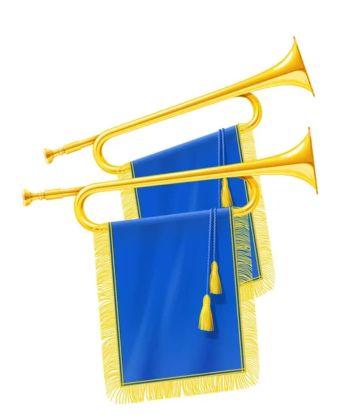 Trompette en corne royale dorée avec bannière bleue. Instrument de musique — Image vectorielle