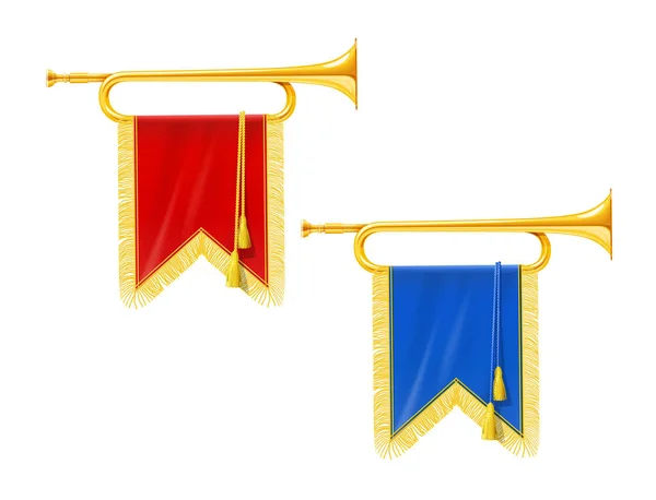Trompette en corne royale dorée avec bannière bleue et rouge. Musique — Image vectorielle