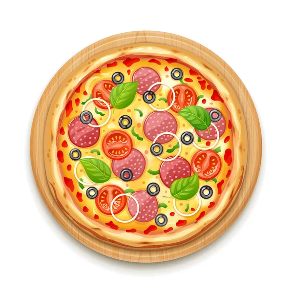 Frische Pizza mit Tomaten, Käse, Oliven, Wurst, Zwiebeln — Stockvektor