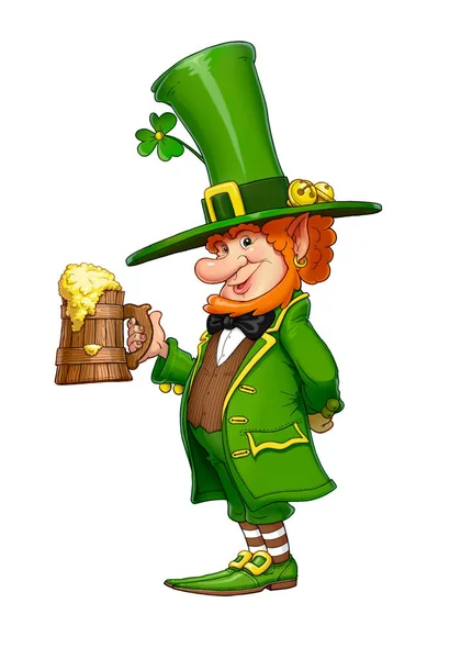Gnome leprechaun med mugg öl. Saga irländska karaktär. — Stockfoto