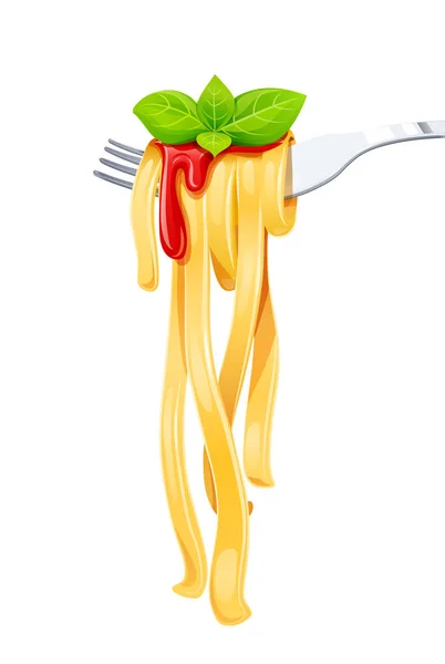 叉子上的意大利面, 配罗勒和酱汁。向量例证. — 图库矢量图片