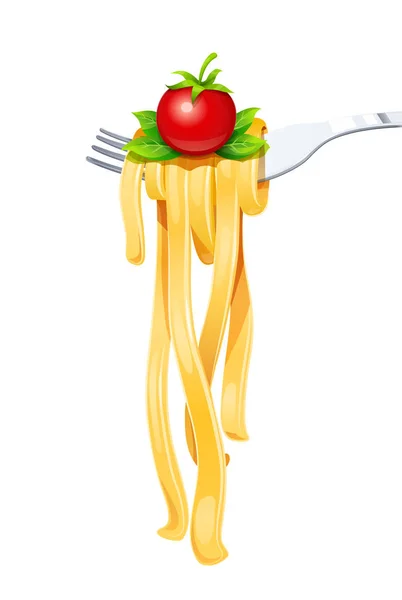 Pasta op vork met basilicum en tomaat. Vectorillustratie. — Stockvector