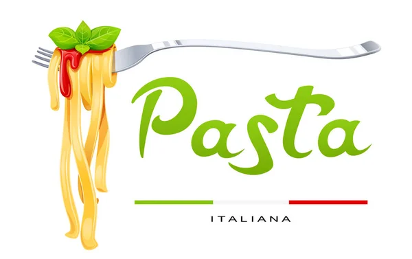 Pasta at fork with basil and sauce. Concept design. Vector. — Stock Vector