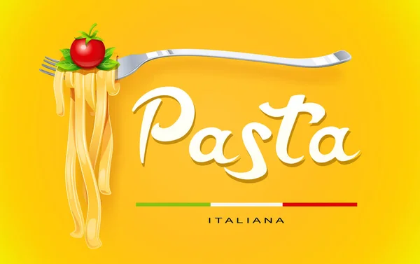 Pasta på gaffel med basilika och tomat. Begreppet design. Vektor. — Stock vektor