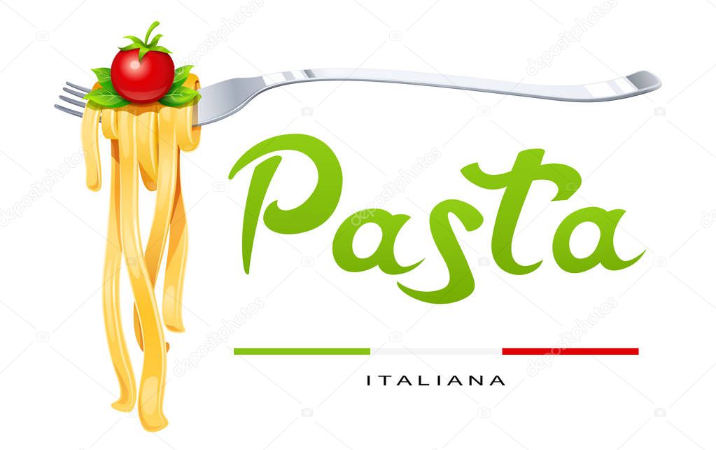 Pasta at fork with basil and tomato. Concept design. Vector.