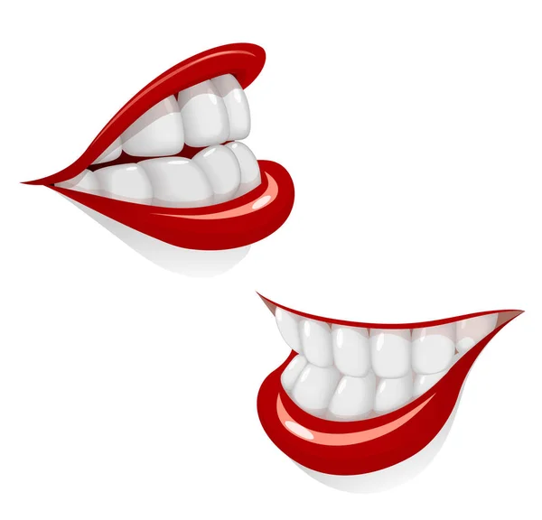 Cartoon mouth with smile. White tooth. Red lip. Dental health. — Stock Vector