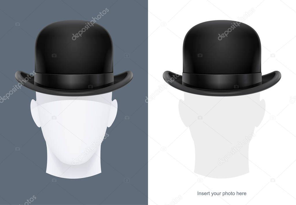 Vintage classic bowler hat at manikin. Stylish headgear for gentleman. Retro wear accessory. Male fashion. Trendy clothes. Face avatar. Isolated white background. Eps10 vector illustration.