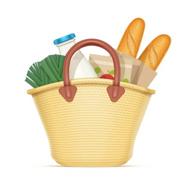 Gıda ile saman alışveriş çantası. Vektör çizim.