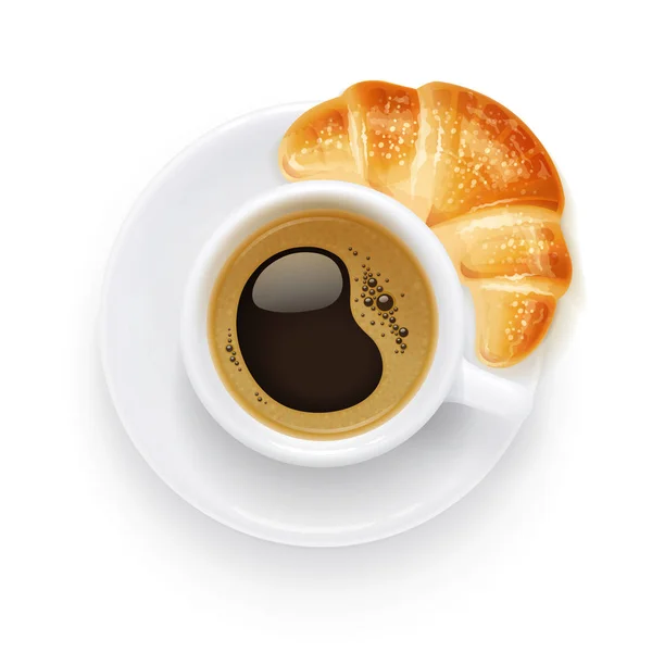 Kaffeetasse und Teller vorhanden. Croissant aromatisches Getränk zum Frühstück. — Stockvektor