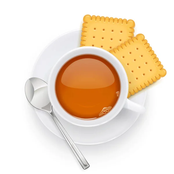 Teetasse und Keks auf Teller vorhanden. traditionelles Heißgetränk. Vektor. — Stockvektor