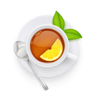 Çay bardağı ve plaka üzerinde yeşil yaprak. Geleneksel sıcak içecek. Vektör.