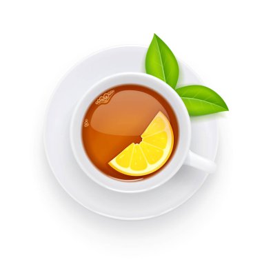 Çay bardağı ve plaka üzerinde yeşil yaprak. Geleneksel sıcak içecek. Vektör.