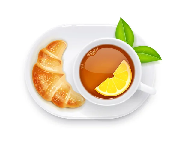 Tazza da tè e croissant sul piatto. Bevanda calda tradizionale. Vettore . — Vettoriale Stock