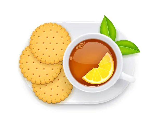Xícara de chá e biscoito no prato. Bebida quente tradicional. Vetor . —  Vetores de Stock