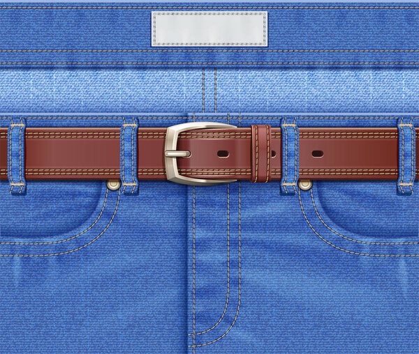 Denim pants with leather belt. Jeans trousers. Vector.