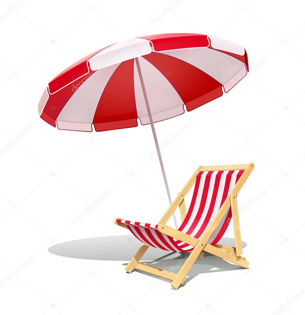 Beach chaise longue and sunshade for summer rest. Vector.