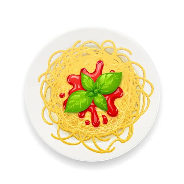 Spaghetti di piring. Pasta dengan saus tomat. Mie. - Stok Vektor