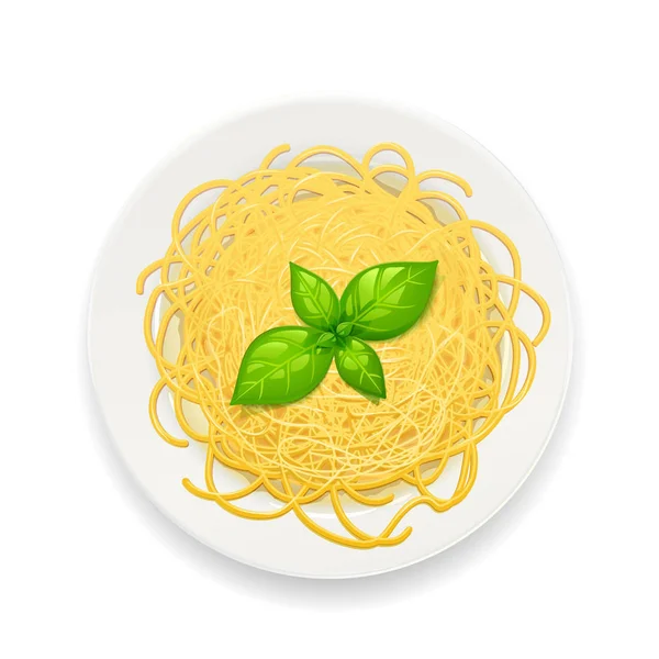 Spaghetti på tallriken. Pasta med basilika leafe. Nudlar — Stock vektor