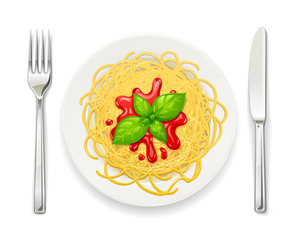 Spaghetti at plate. Pasta with ketchup. Noodles