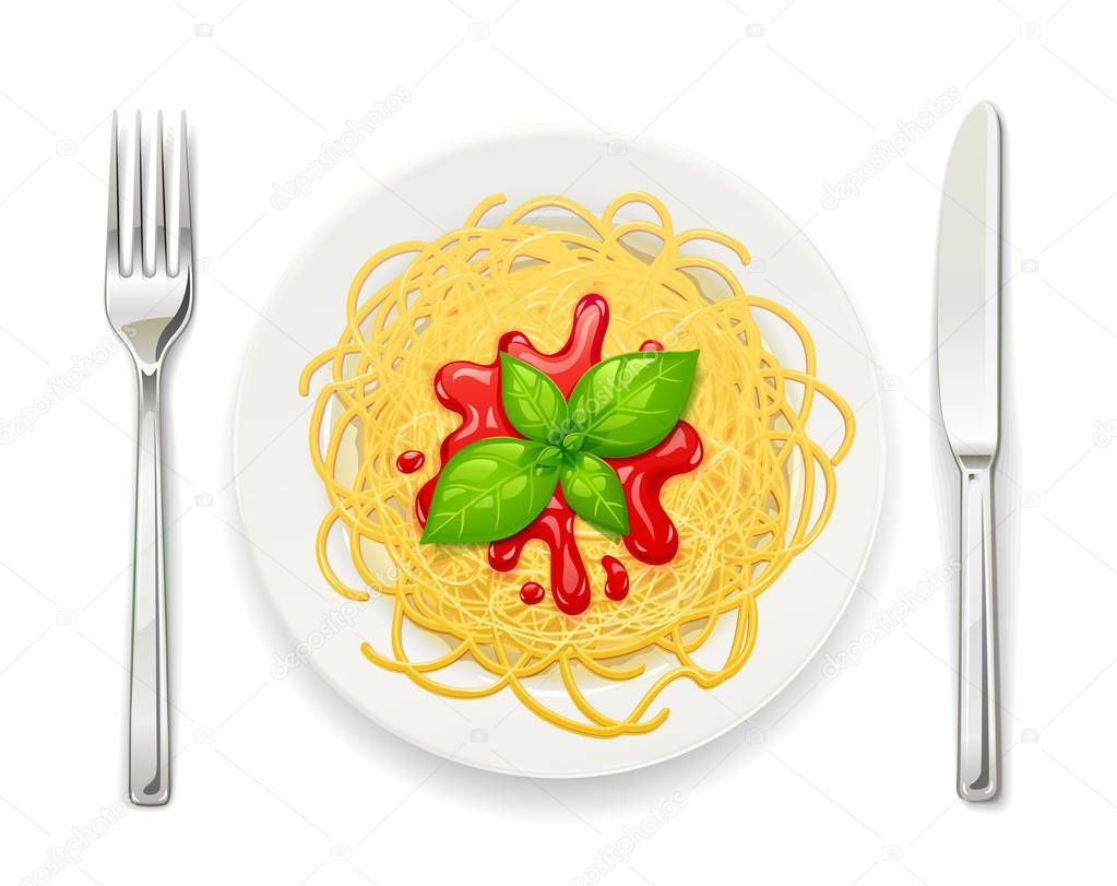 Spaghetti at plate. Pasta with ketchup. Noodles