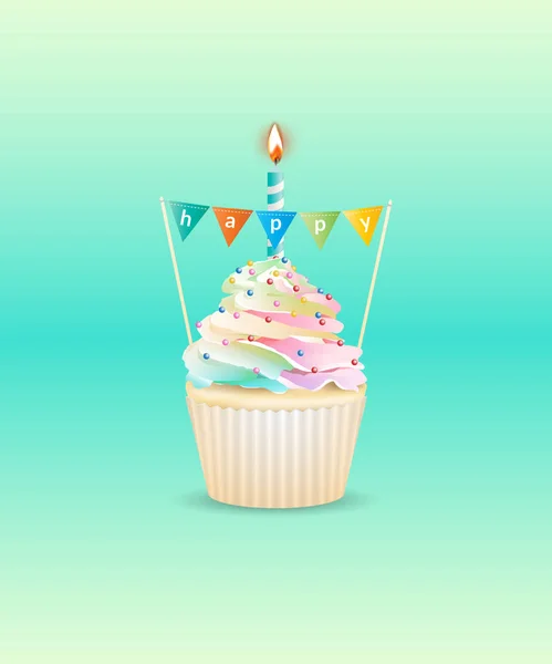 Feliz Cupcake Cremoso Decorado Com Velas Bandeiras Bunting Para Aniversário —  Vetores de Stock