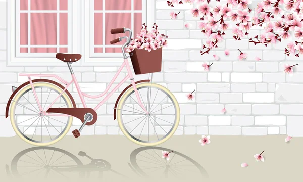 Bicicleta Vintage Rosa Con Flor Cerezo Cesta Delantera Aparcamiento Junto — Vector de stock