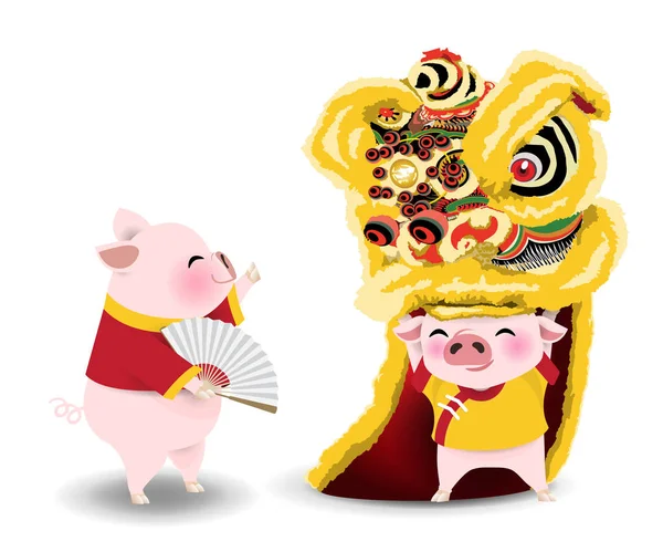 Postać Kreskówek Rok Świni Małe Świnki Wykonywania Lew Chiński Taniec — Wektor stockowy