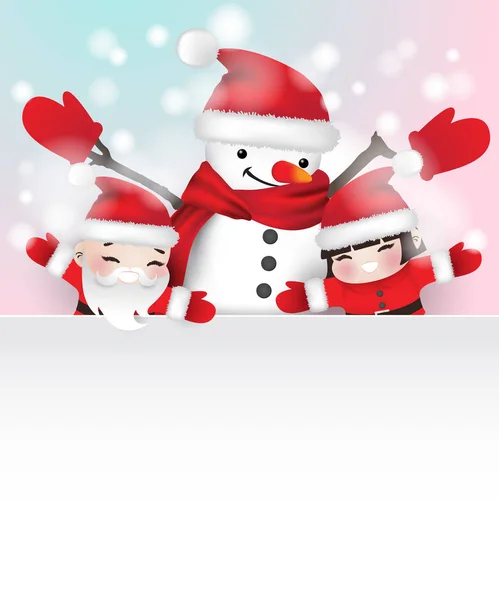 Cartoon Asian character for Christmas and New year. A snowman and two little children cosplay as Santa Claus behind white frame with winter snow falling. Vector illustration.