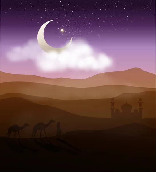Arabian Walking Med Kameler Till Moskén Starry Night Desert Himlen — Stock vektor