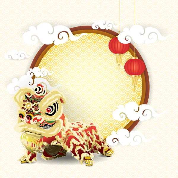 Çin lambaları ve su dalgası veya balık ölçekler desen arka planda bulutlar ile süslenmiş daire çerçevesi üzerinde Çinli aslan dans karikatür. Vektör Illustration