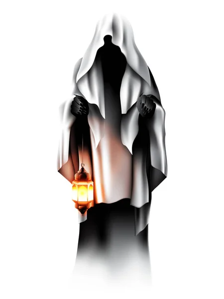 一个幽灵人物 魔鬼僵尸站立 拿着一盏灯在白色背景上挥之不去 万圣节的矢量插图 — 图库矢量图片