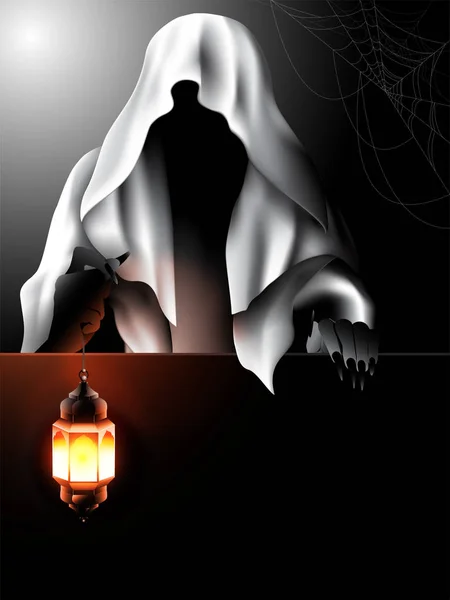 Postava Ducha Ďábelská Zombie Držící Černým Prostěradla Strašidelnou Lampu Prázdný — Stockový vektor