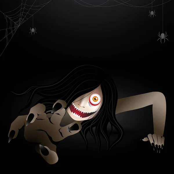 女性怖い幽霊ゾンビ クモやクモの巣と暗闇の中で幽霊の忍び寄るキャラクター狩り ハロウィンのためのベクトルイラスト — ストックベクタ