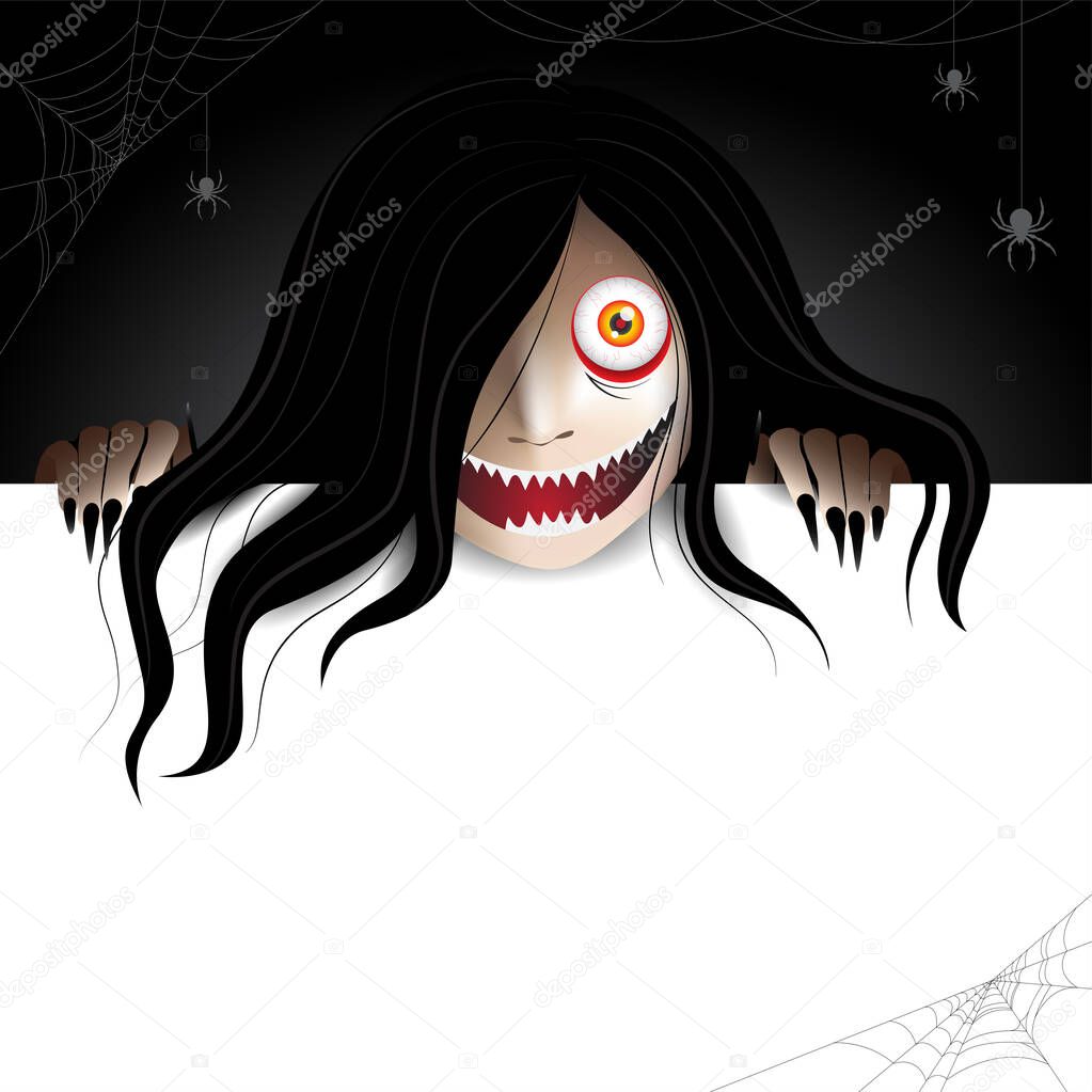 Woman scary ghost zombie, ghost character behind a paper frame for text and haunting in the dark with spiders and spiderwebs. Vector illustration for halloween.