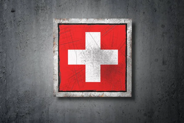 在混凝土墙上渲染旧瑞士国旗 — 图库照片