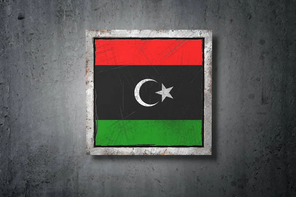 Renderização Uma Antiga Bandeira Líbia Uma Parede Concreto Imagem De Stock